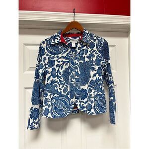 Coldwater Creek Cream & Blue Print Canvas Zip Up Jacket sz PM